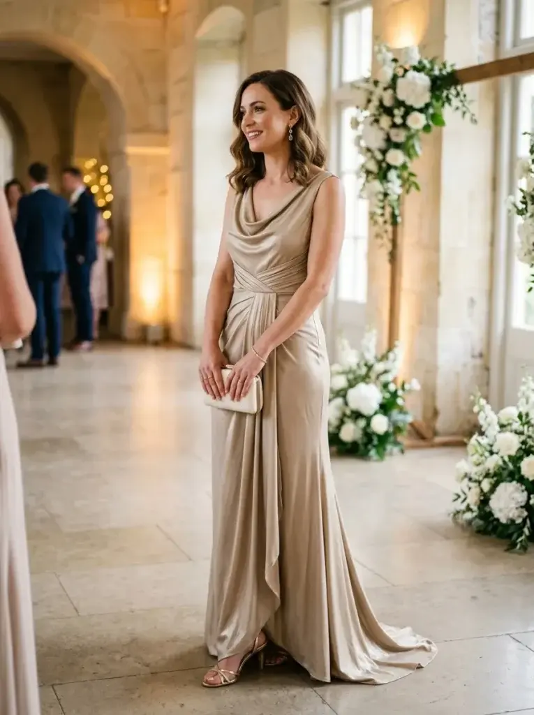 Champagne-gold draped evening gown with a flowing skirt, gold sandals, and an ivory clutch at a spring reception.