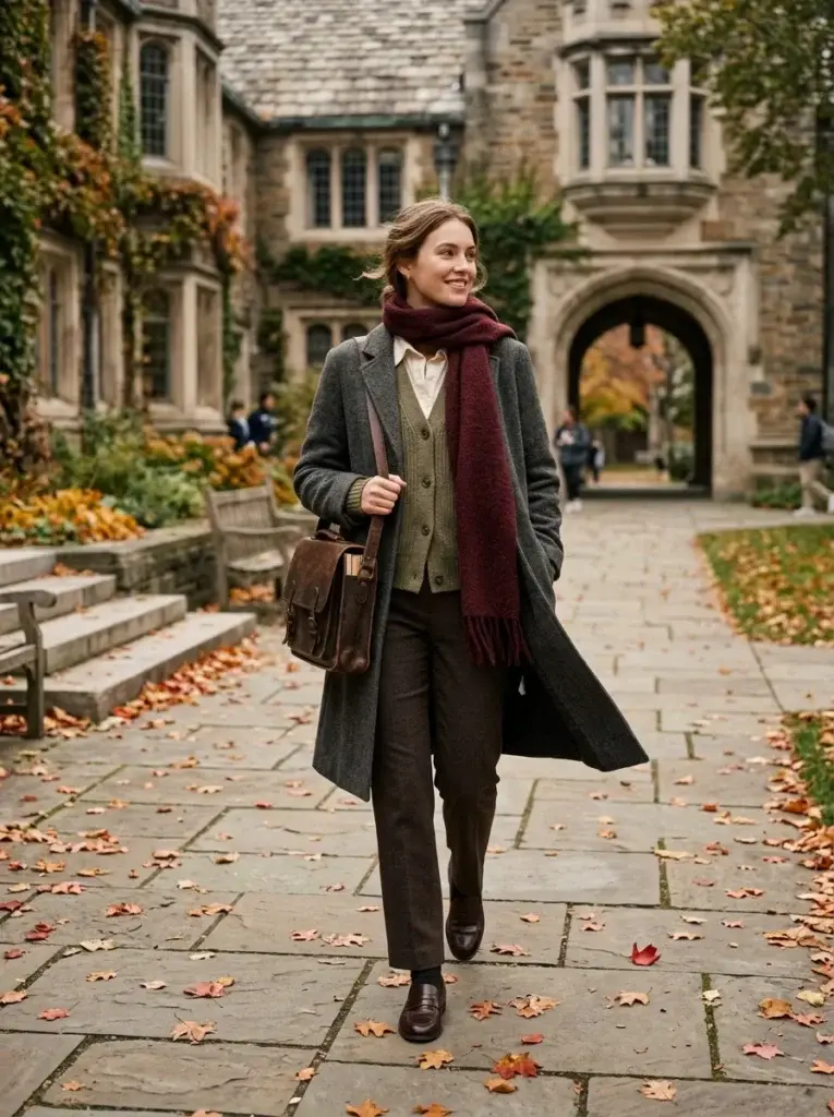 Charcoal coat layered over an olive cardigan with a burgundy scarf, brown trousers, and leather satchel.
