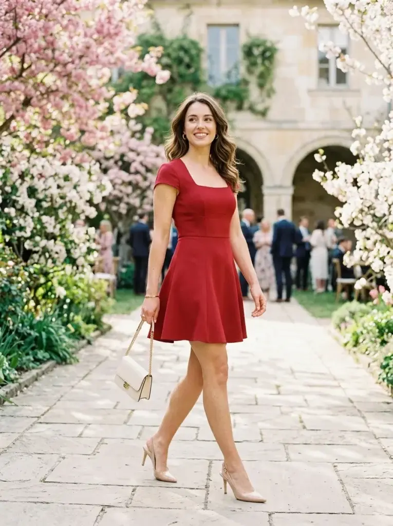 Cherry-red fit-and-flare mini wedding guest dress with cap sleeves and nude slingback heels in a spring courtyard.