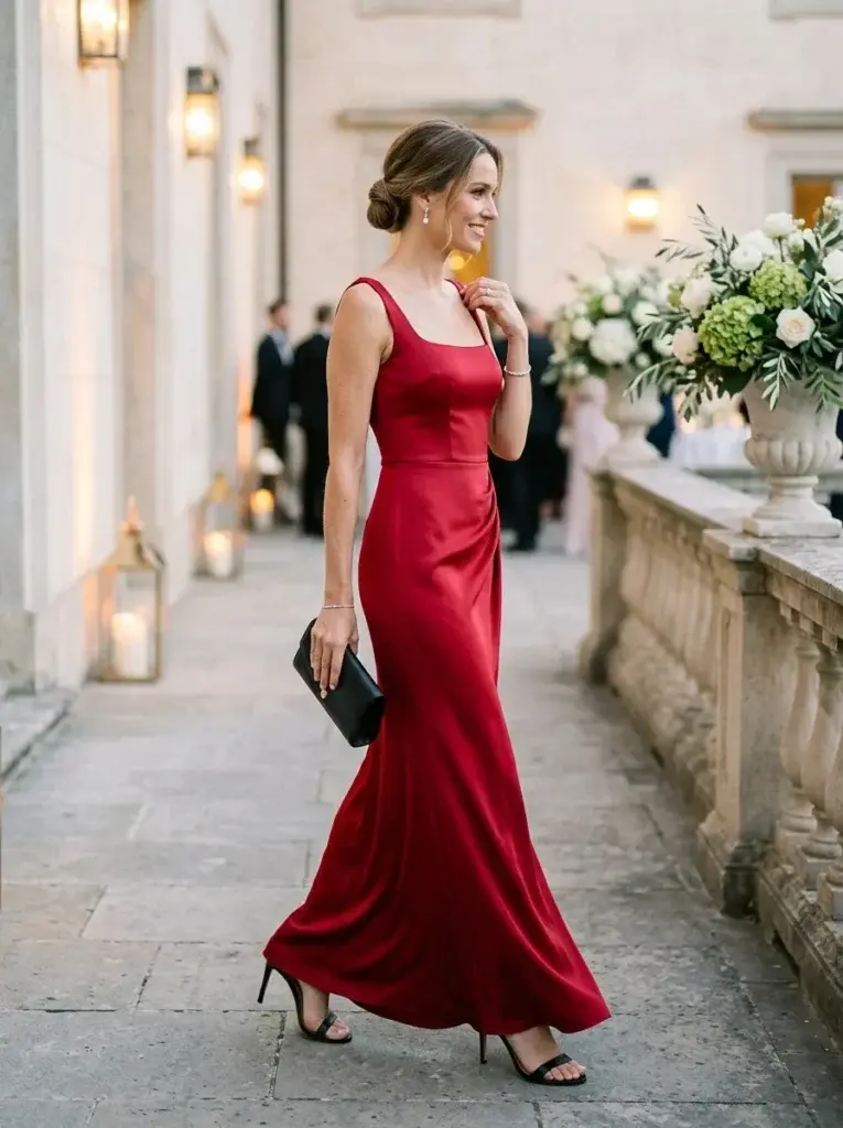Cherry-red floor-length evening gown with a sculpted bodice and elegant accessories at a spring wedding venue.