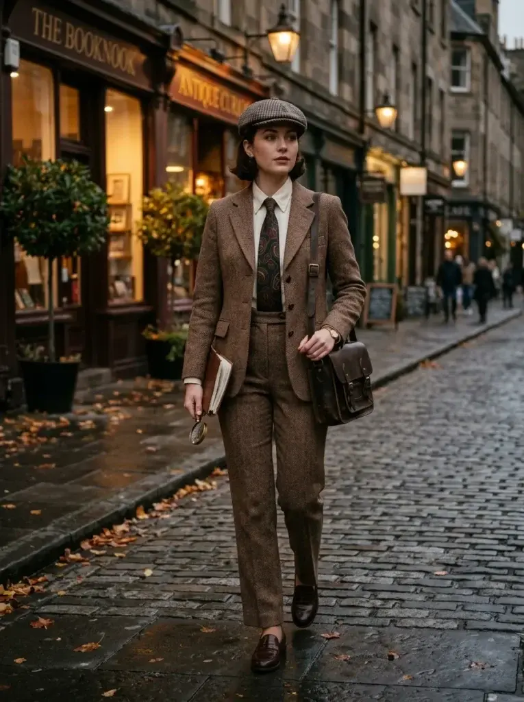 Chic detective solo Halloween costume with a tweed blazer, checked cap, and magnifying glass.