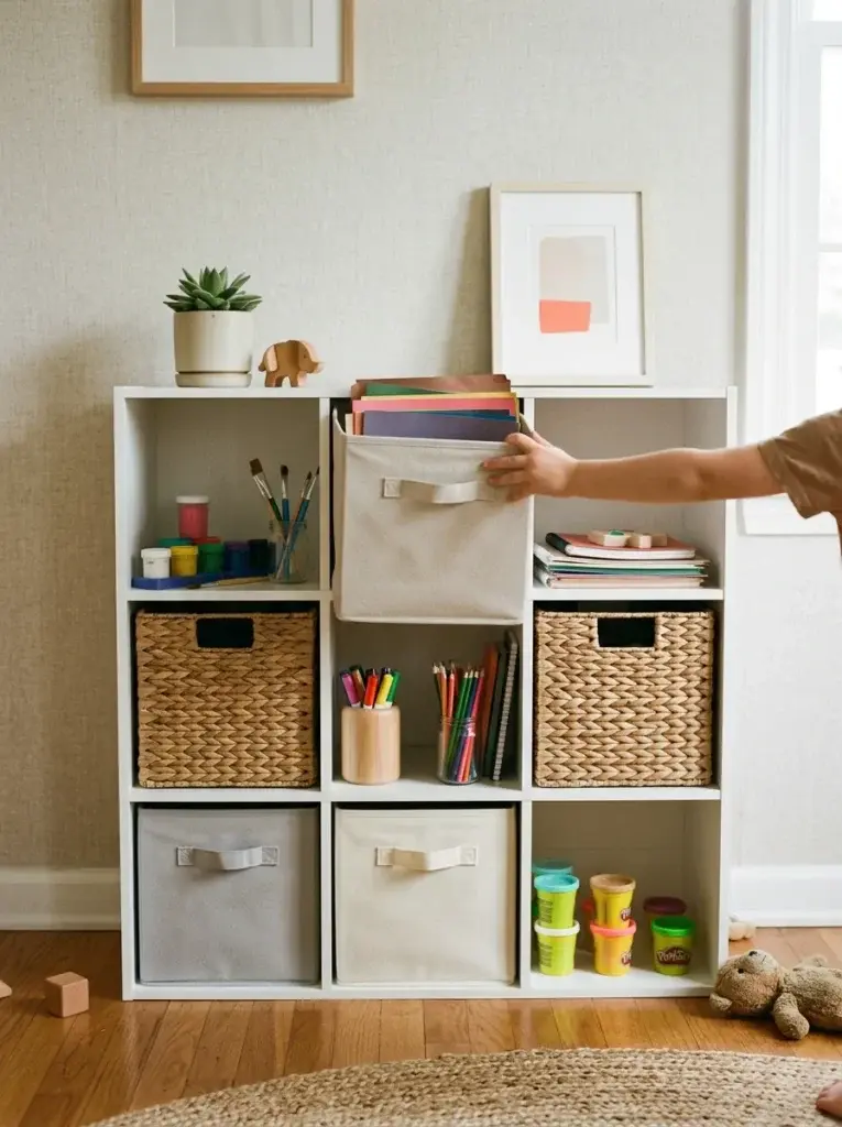 Child’s hand pulling a basket from a low cube shelf organized with craft supplies