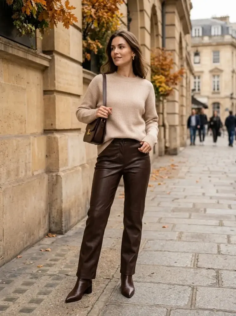 Chocolate-brown leather pants with a beige knit sweater, dark-brown ankle boots, and a matching shoulder bag.