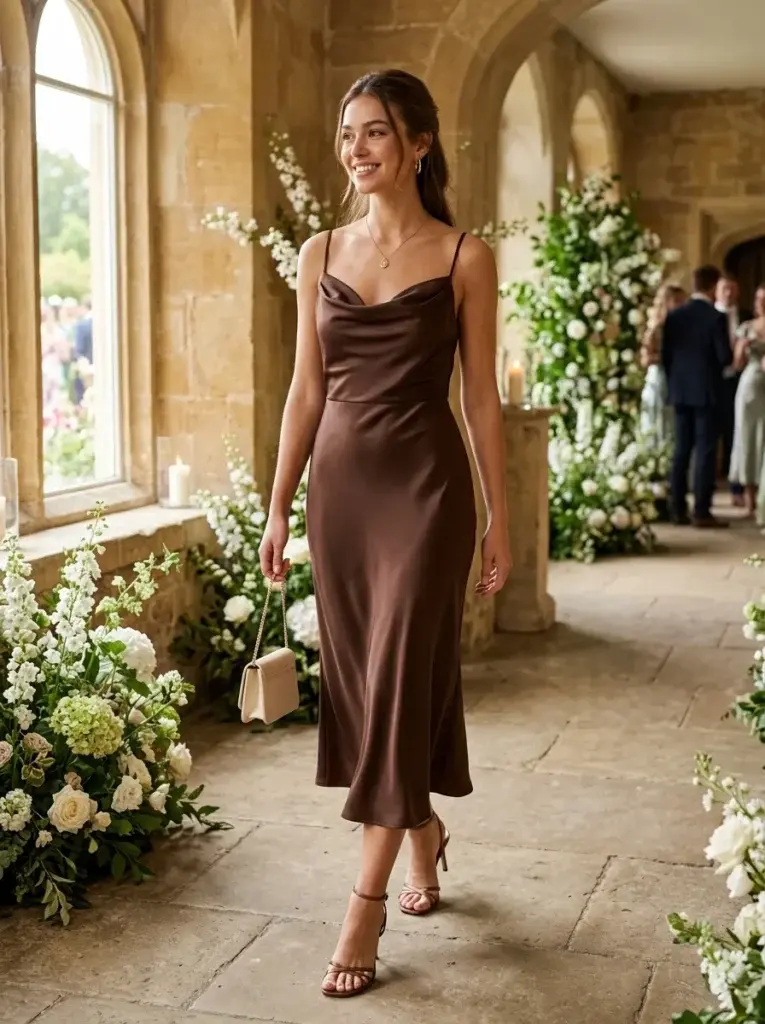 Chocolate-brown satin midi dress with a cowl neckline, bronze heels, and a cream evening bag.