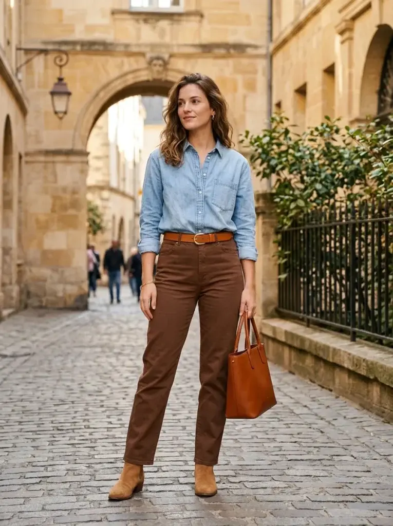 Chocolate-brown straight-leg trousers with a light-blue denim shirt, tan leather belt, matching boots, and cognac handbag.