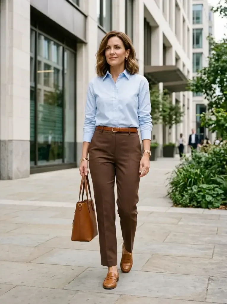 Chocolate-brown tailored trousers with a light-blue button-down shirt, cognac loafers, and a matching leather tote.