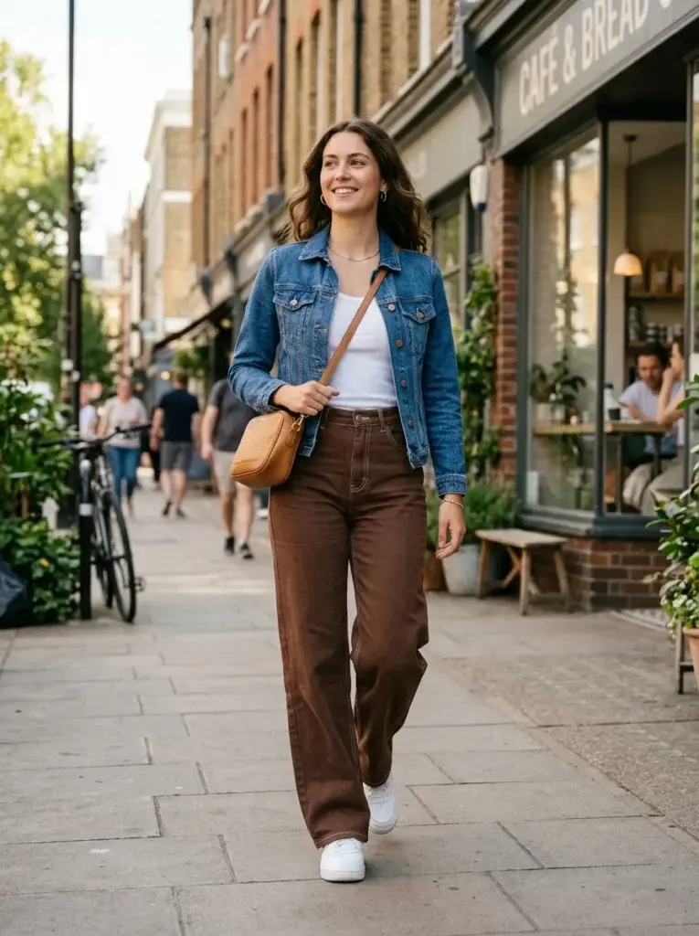 Chocolate-brown wide-leg jeans styled with a white ribbed tank, blue denim jacket, white sneakers, and tan crossbody bag.