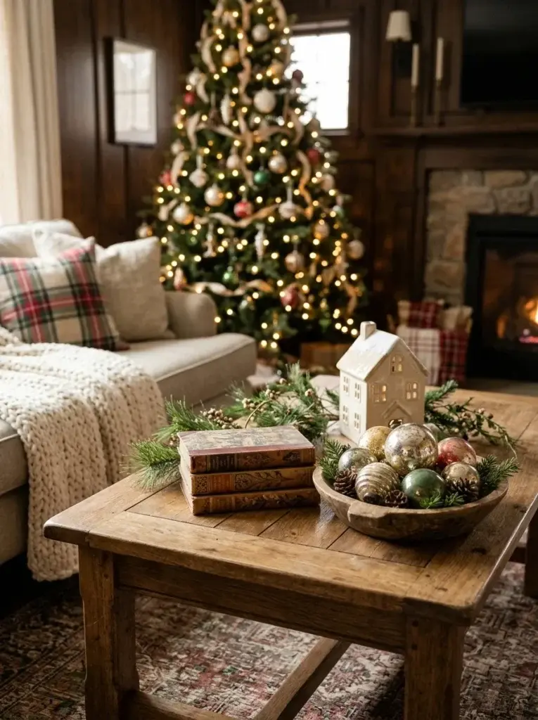 Christmas coffee table decorated with a wooden bowl of vintage baubles, holiday books, a ceramic house, and evergreen branches.