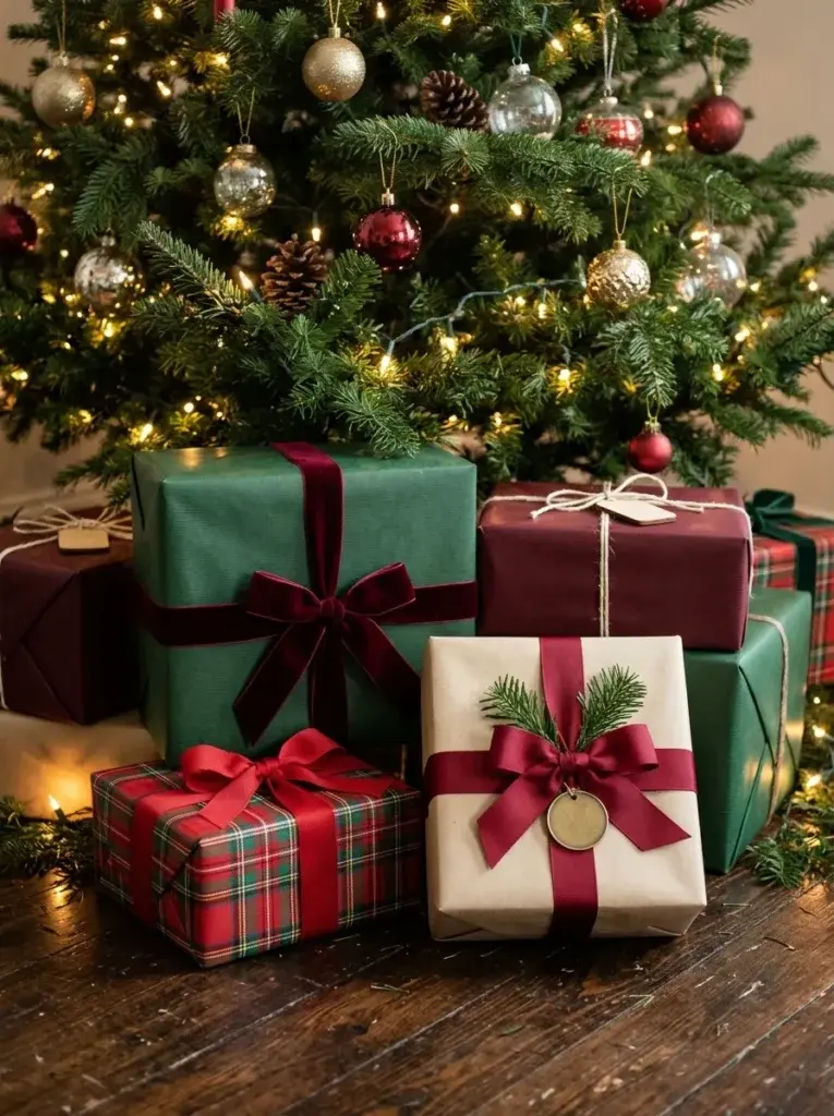 Christmas gifts wrapped in forest-green paper, red-and-green tartan, and burgundy velvet ribbon.
