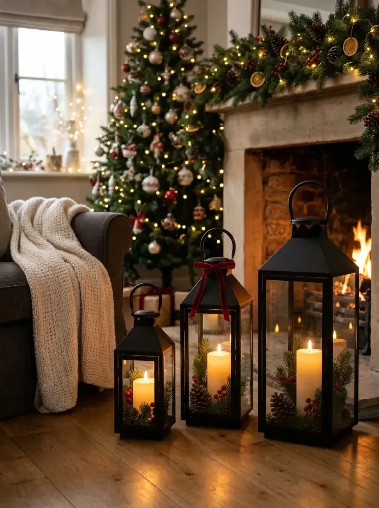 Christmas lanterns with warm battery-operated candles, evergreen sprigs, pinecones, and understated red ribbon beside a cozy fireplace.