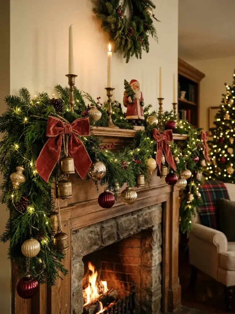 Christmas mantel decorated with evergreen garland, red velvet bows, antique brass bells, and warm fairy lights.