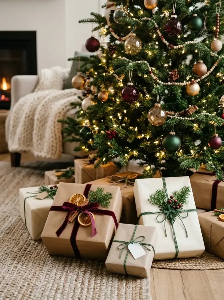 Christmas presents wrapped in kraft paper and ivory paper with velvet ribbons, evergreen sprigs, and dried orange decorations beneath a tree.