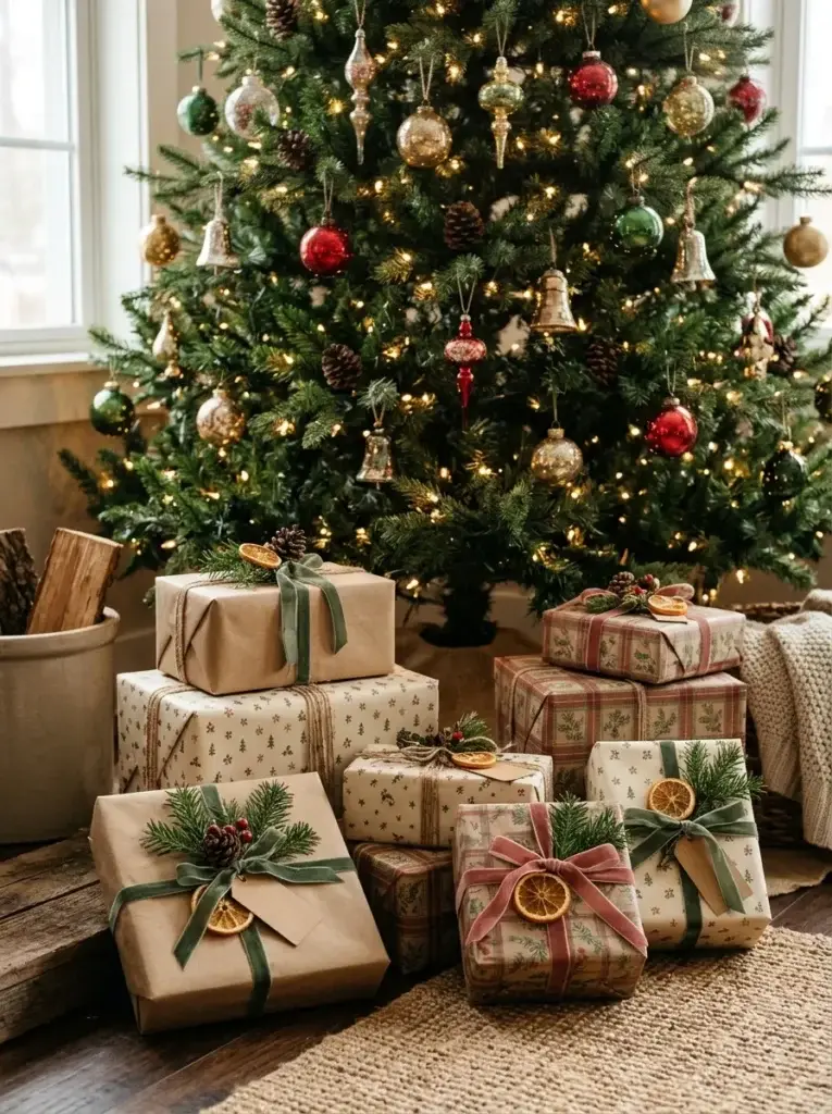 Christmas presents wrapped in kraft paper and traditional red-and-green patterns with velvet ribbons and evergreen sprigs.