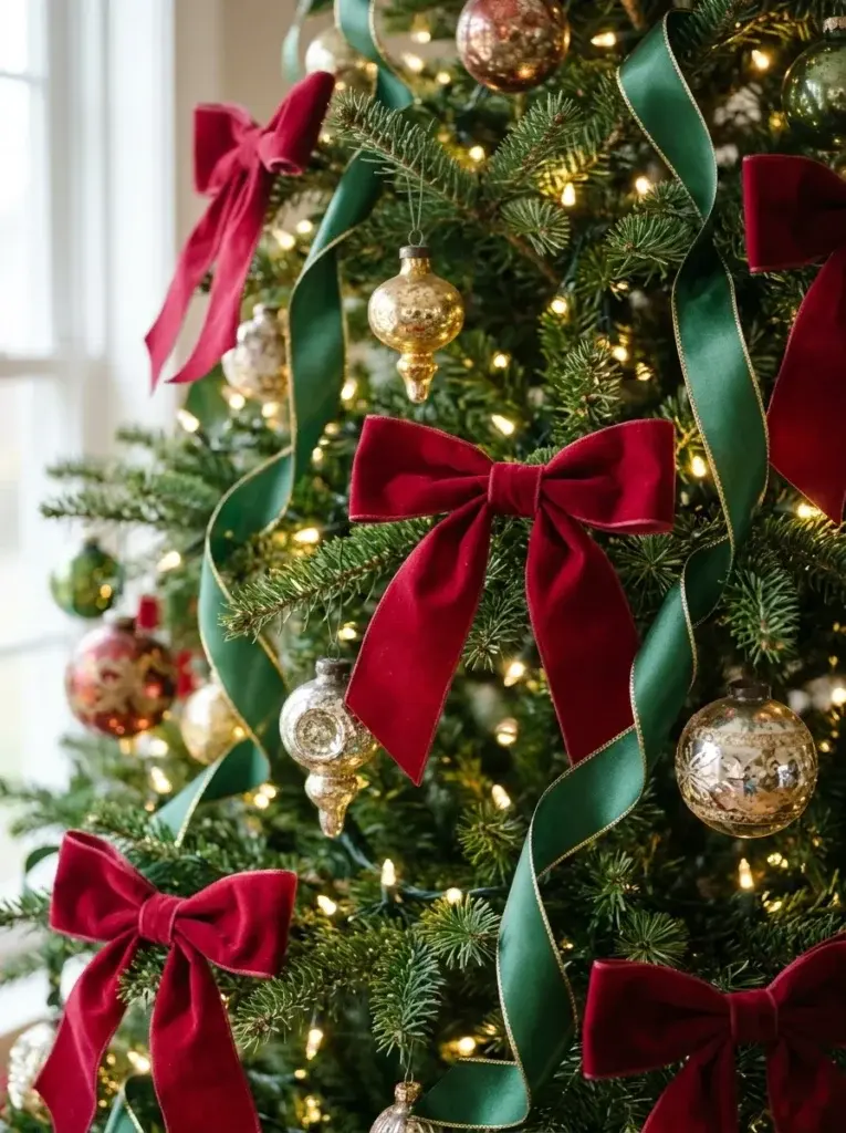 Christmas tree decorated with cranberry-red velvet bows, green satin ribbons, and antique glass ornaments.