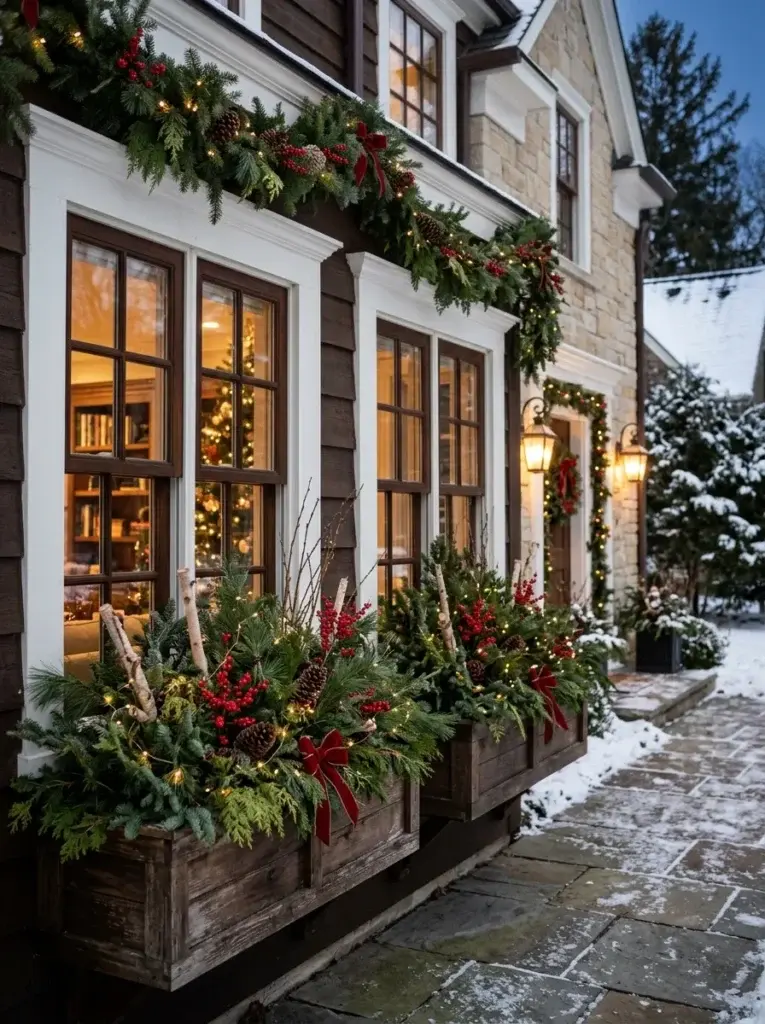 Christmas window boxes filled with evergreen branches, red berries, pinecones, and delicate warm white lights.