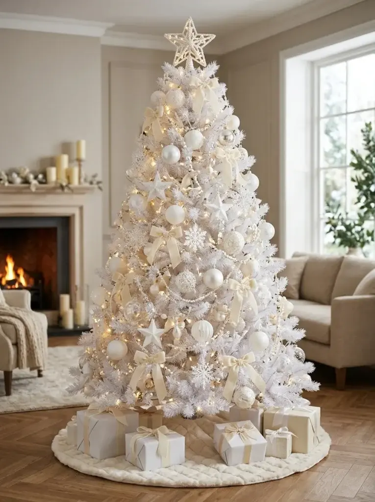 Classic all-white Christmas tree decorated with ivory baubles, pearl garlands, snowflakes, and warm fairy lights.