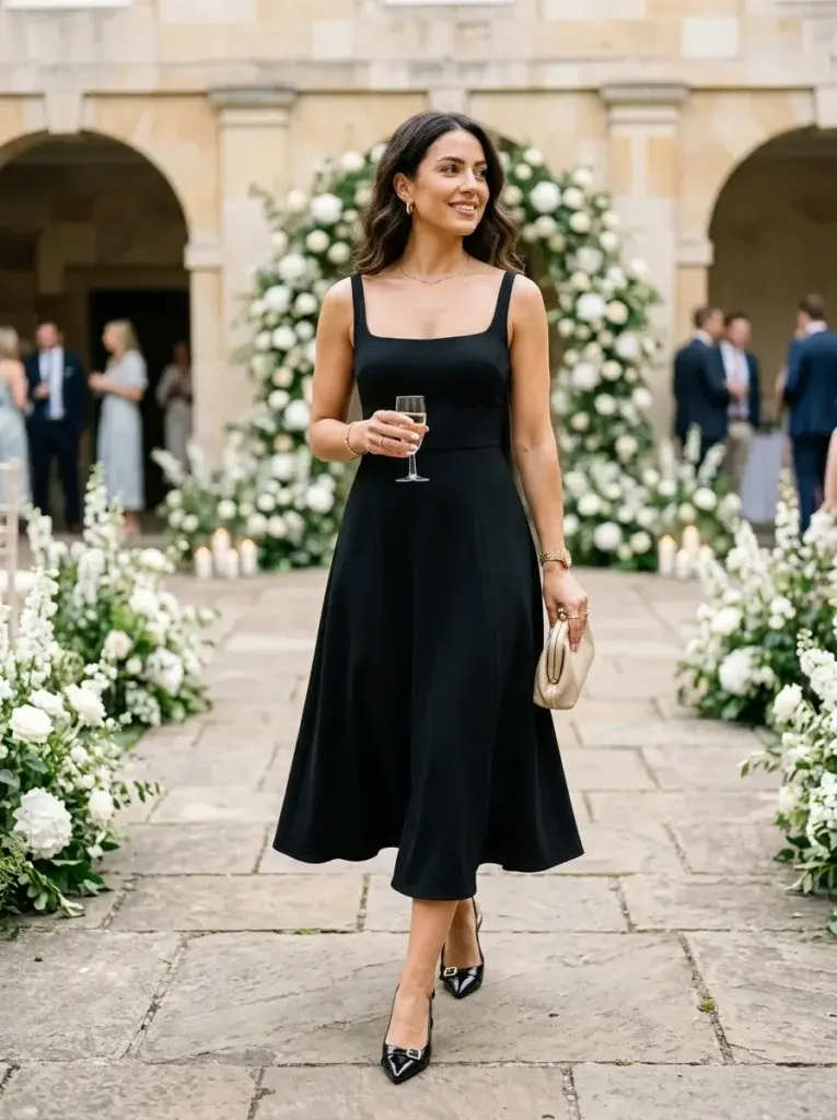 Classic black midi wedding guest dress with a square neckline, black slingback heels, and a champagne clutch.