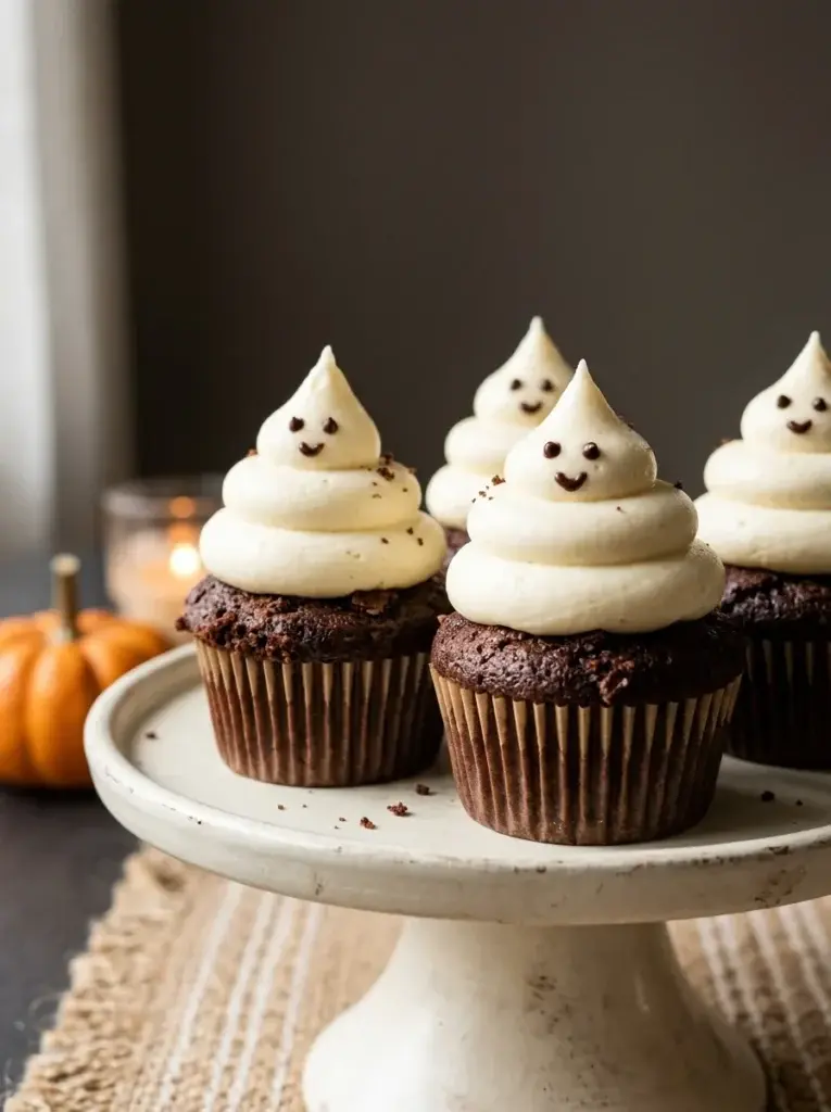 Classic chocolate cupcakes topped with tall white vanilla buttercream ghosts featuring tiny chocolate eyes and smiling mouths.
