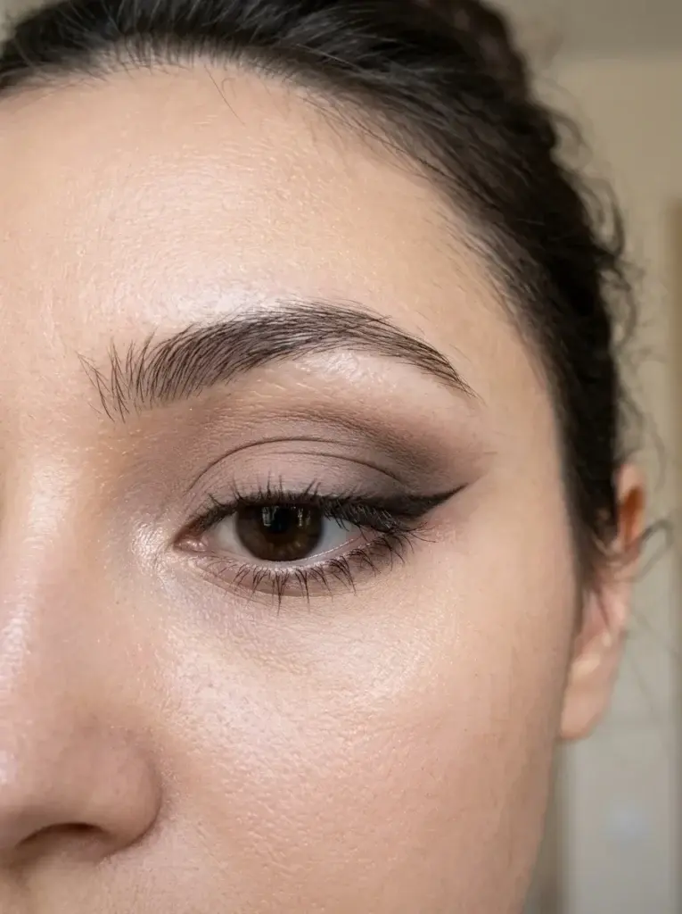 Close-up of a partially completed smoky siren eye look featuring taupe eyeshadow, deep brown outer corners, and elongated eyeliner.