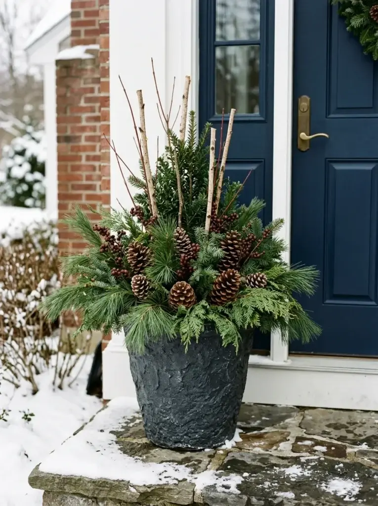 Cold-tolerant evergreen foliage and natural pinecones arranged in a textured winter porch planter.