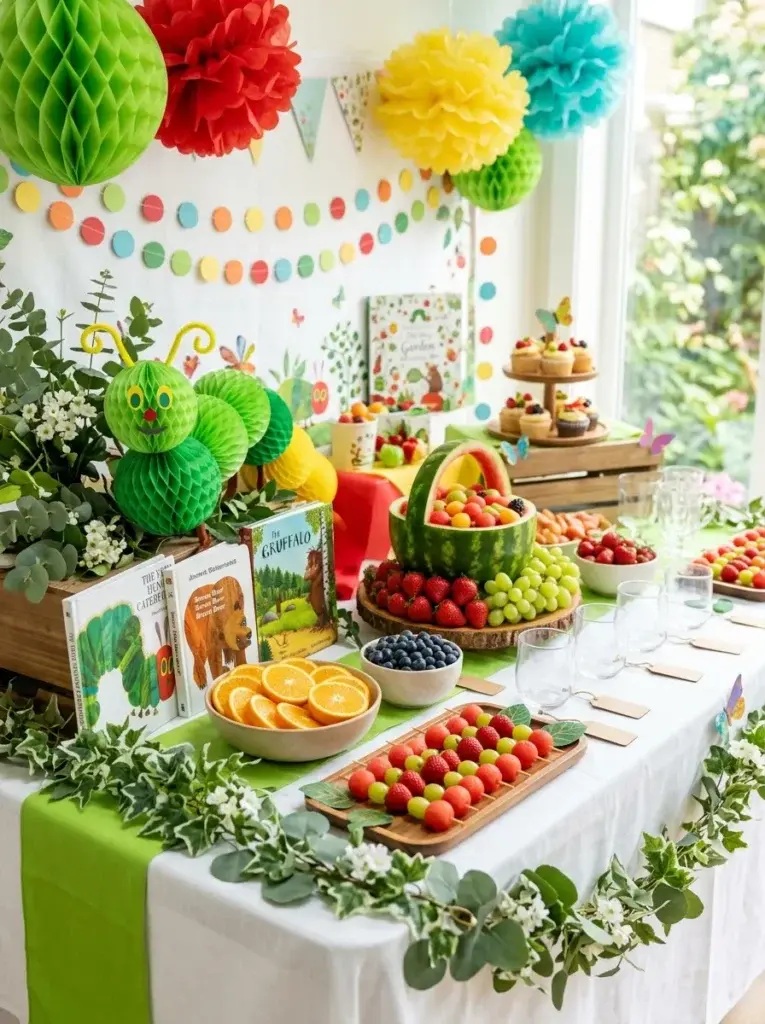Colorful caterpillar-inspired baby shower featuring fresh fruit skewers, green decorations, and bright storybook details.