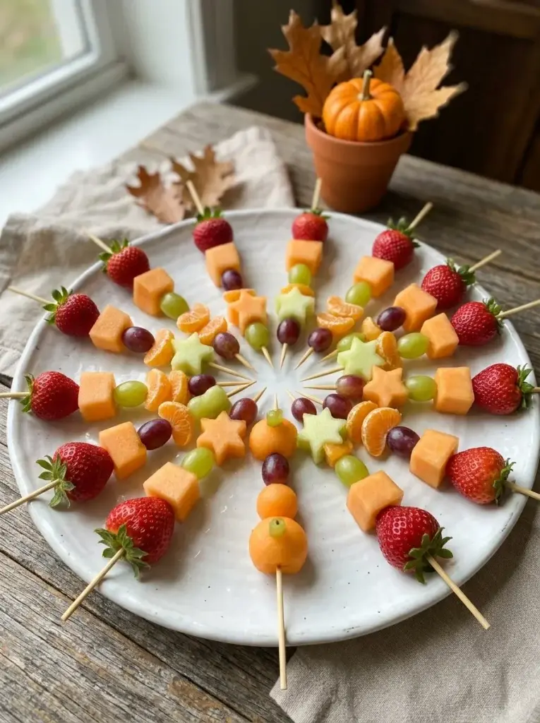 Colorful Halloween fruit skewers featuring strawberries, melon, orange segments, and other fresh seasonal fruit.