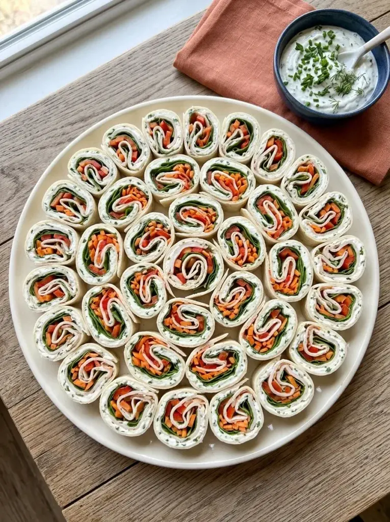 Colorful Halloween tortilla pinwheels filled with cream cheese, spinach, carrots, red peppers, and sliced turkey, arranged in circles.