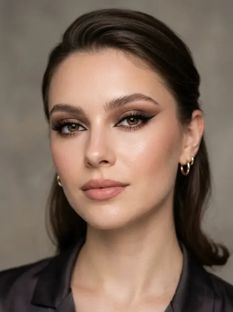 Complete siren eye makeup paired with groomed eyebrows, subtle cheek contour, luminous skin, and nude-rose lipstick.