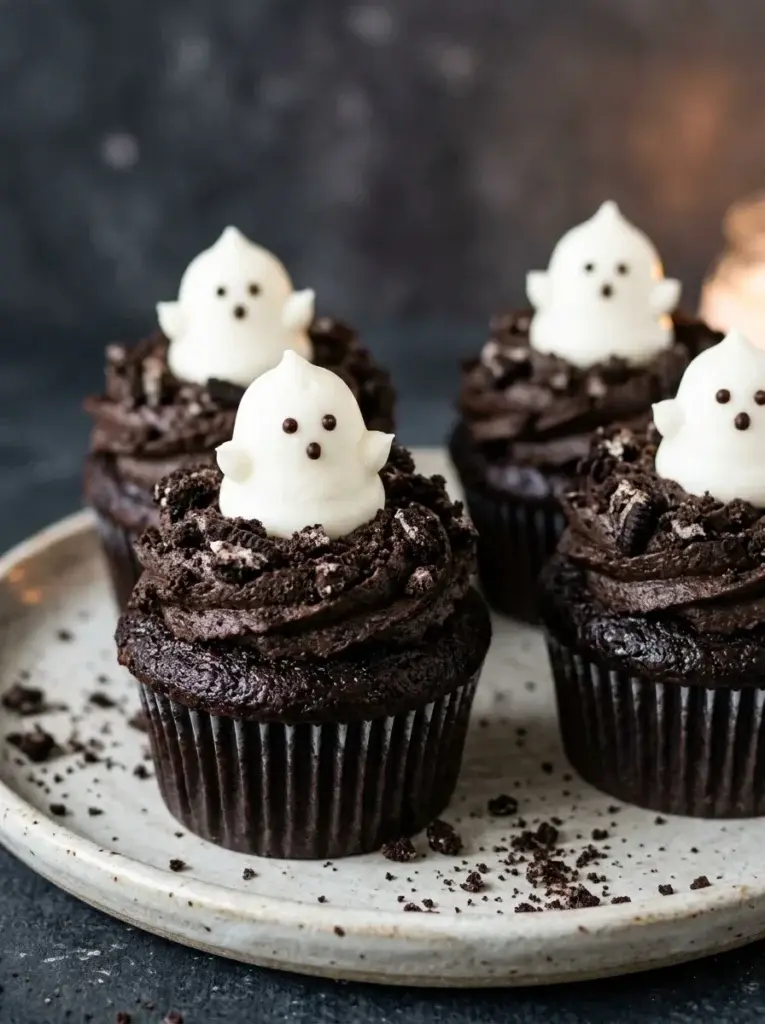 Cookies-and-cream chocolate cupcakes topped with clean white frosting ghosts surrounded by crushed chocolate cookie crumbs.