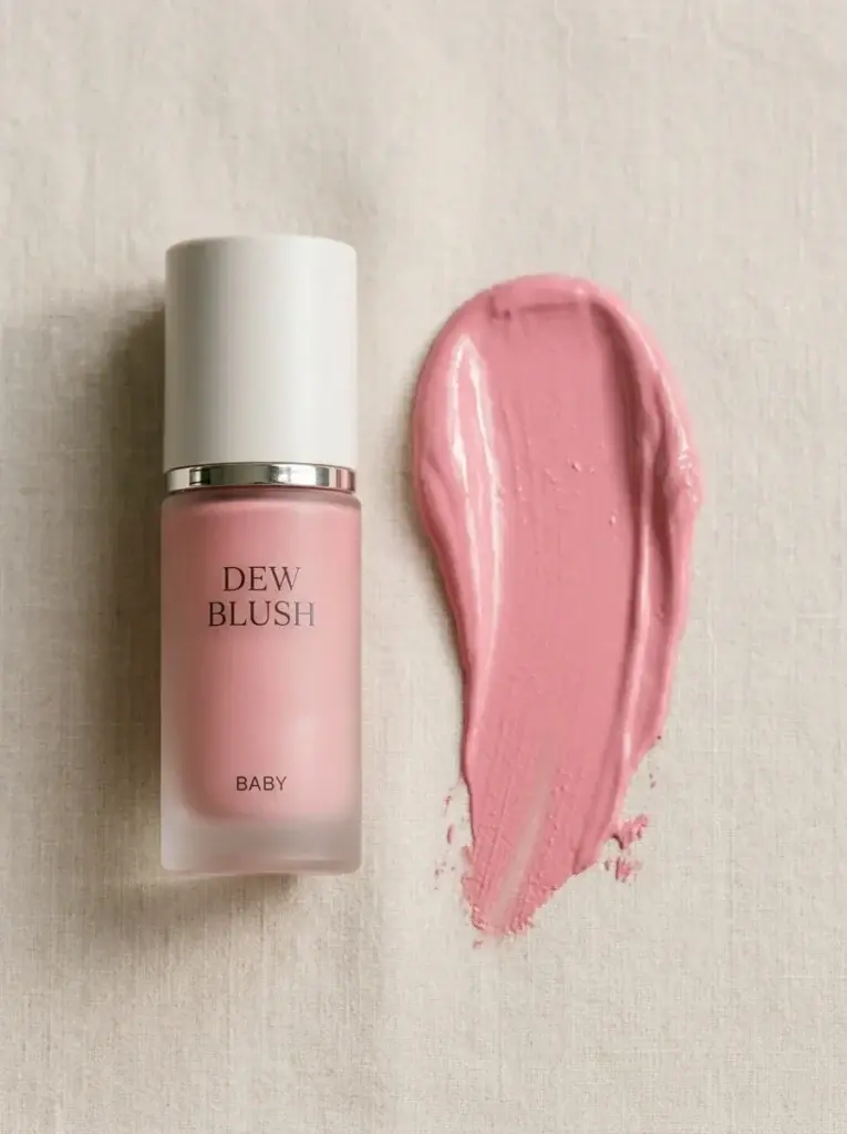 Cool-pink liquid blush beside a smooth, softly radiant swatch.
