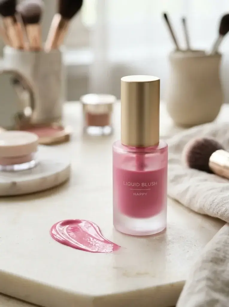 Cool pink liquid blush with a glossy pink swatch on an ivory background.