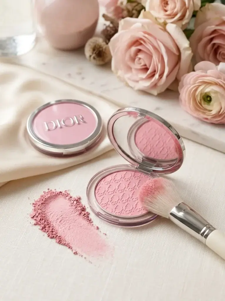 Cool-pink powder blush compact with a soft powder swatch and makeup brush.