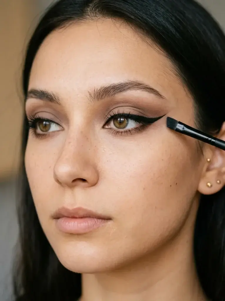 Correctly blended siren eye makeup with a balanced black wing, smooth brown eyeshadow, and softly defined lower lashes.