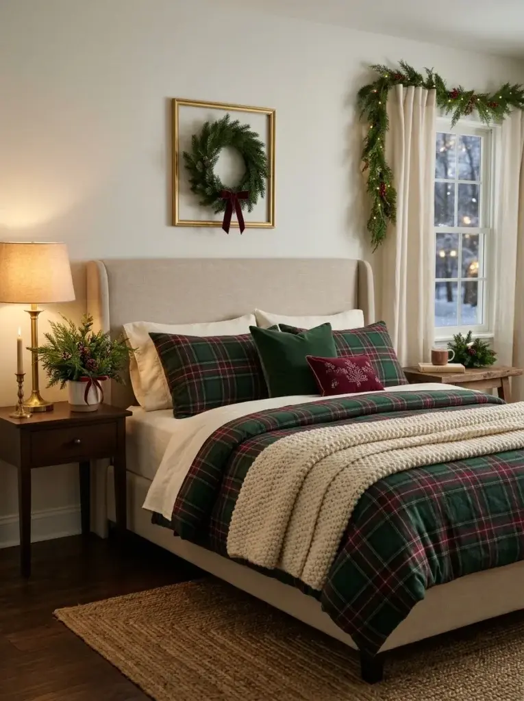 Cozy Christmas bedroom with forest-green plaid bedding, cream knit blankets, and warm brass bedside lamps.