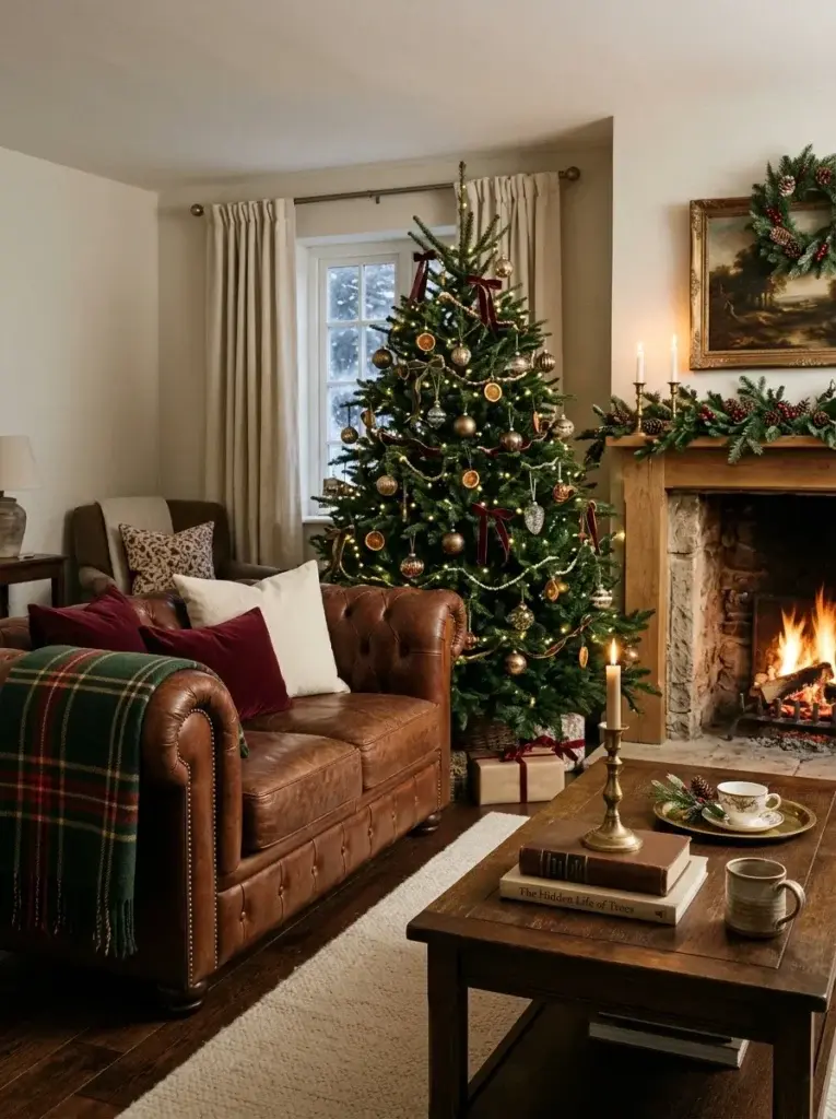 Cozy Christmas living room featuring a brown leather sofa, forest-green tartan throw, and traditional evergreen tree.