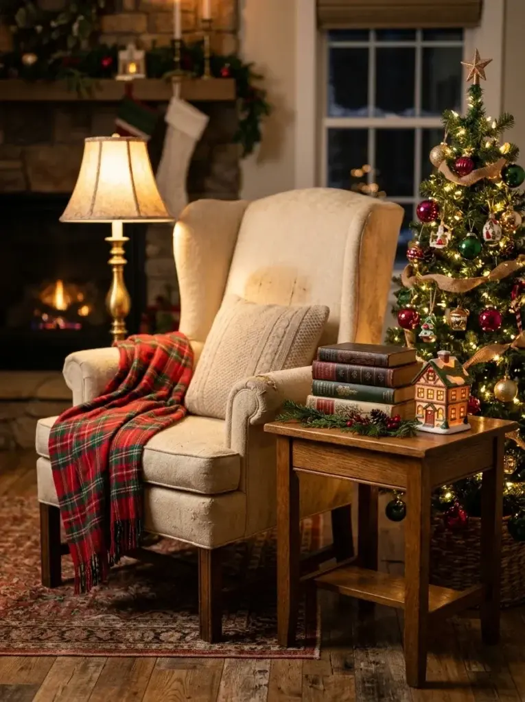 Cozy Christmas reading corner with a cream armchair, red-and-green plaid blanket, holiday books, and a small decorated Christmas tree.