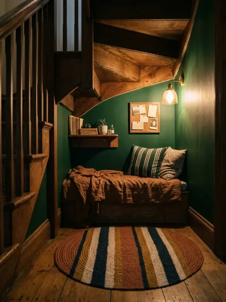 Cozy under-stairs alcove with a bench, shelf of supplies, cork board and warm lamp