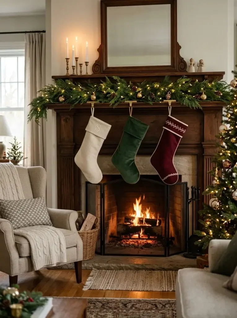 Cream wool, forest-green velvet, and burgundy Christmas stockings hang beneath an evergreen garland on a traditional dark wood fireplace mantel.