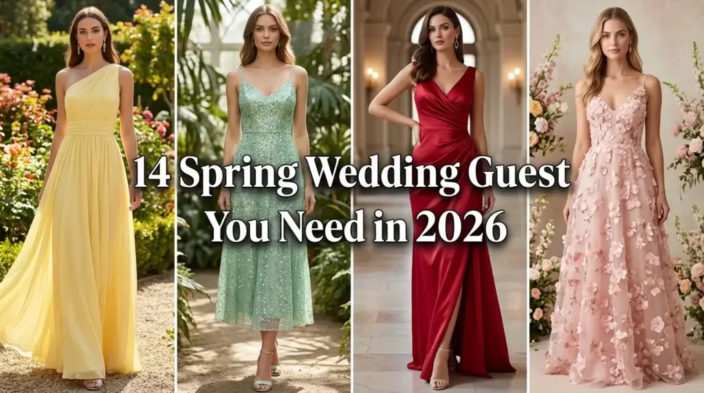 Create a polished YouTube thumbnail, wide 16:9 aspect ratio, for a premium spring wedding guest fashion article. The thumbnail is divided into a clean, balanced 2-by-2 grid of four distinct fashion-photo panels, each panel showing one full elegant wedding guest dress look on a realistic adult female model, with no duplicated designs: (1) butter-yellow one-shoulder flowing gown in a sunlit garden, (2) sophisticated cherry-red evening dress with luxurious satin draping, (3) mint-green sequined midi dress with delicate sparkle, (4) romantic blush-pink floral-appliqué dress against soft spring florals. Premium photorealistic fashion magazine editorial, luxurious fabric textures, realistic garment construction, natural body proportions, refined wedding-appropriate styling, flattering natural daylight, elegant garden and architectural backgrounds. Add the exact title text “14 Spring Wedding Guest Dresses You Need in 2026” prominently centered across the middle of the full thumbnail, spanning the central intersection of the four panels, in highly legible elegant bold editorial typography, with strong contrast and subtle shadow or translucent backing for readability. Keep the four panels visible around the central title; professional YouTube thumbnail composition, crisp details, high-end spring palette of butter yellow, cherry red, mint green, blush pink and soft gold. No other text, no logos, no watermarks, no graphic clutter, no distorted bodies, no extra limbs, no malformed hands, no unrealistic clothing details.