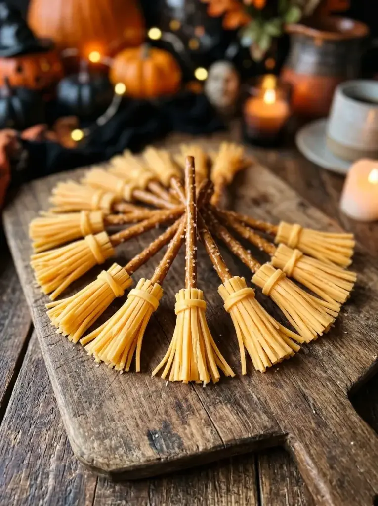 Crunchy pretzel sticks wrapped with thin cheese strips to create miniature Halloween broomsticks.