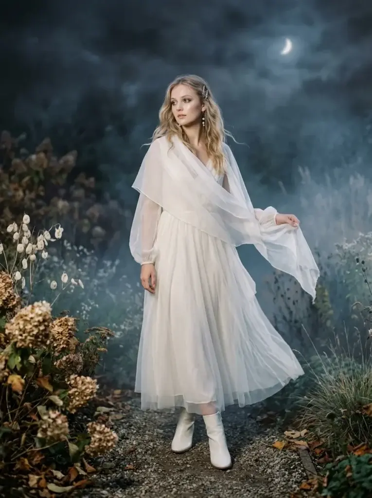 Cute ghost solo Halloween costume with an ivory dress and delicate silver accessories.
