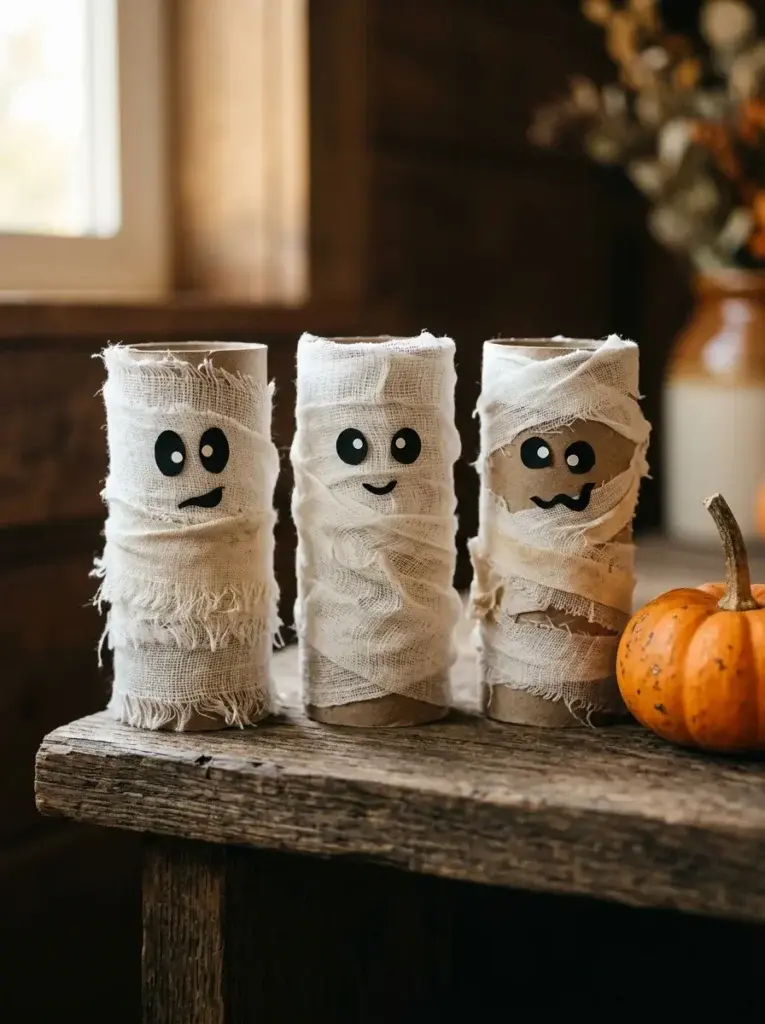 Cute handmade Halloween mummies made from cardboard rolls and white fabric strips