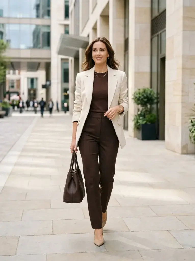 Dark-brown tailored trousers and a matching knit top layered under a cream blazer with beige heels.