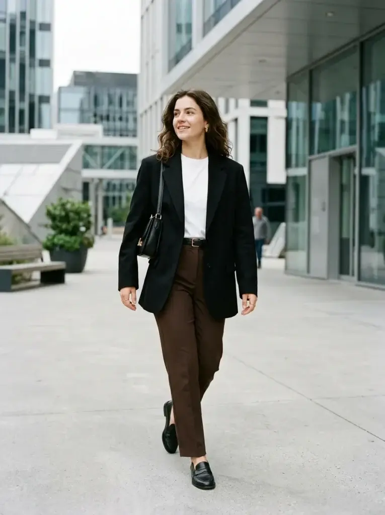 Dark-brown tailored trousers with a white T-shirt, oversized black blazer, black loafers, and a matching shoulder bag.