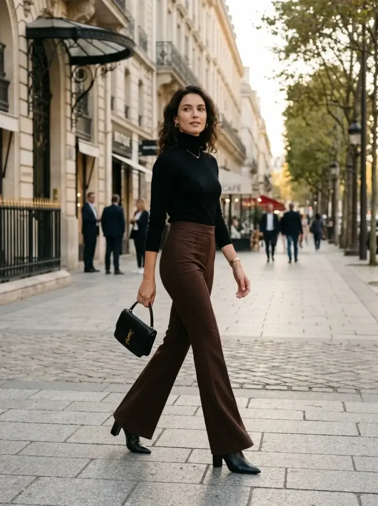 Dark chocolate-brown flared trousers with a fitted black turtleneck, pointed black boots, and a structured handbag.