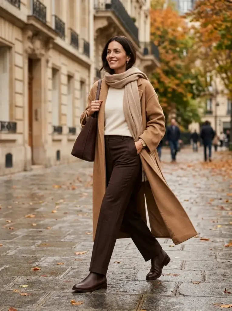 Dark chocolate-brown trousers with an ivory sweater, oversized camel coat, brown ankle boots, and a coordinating handbag.