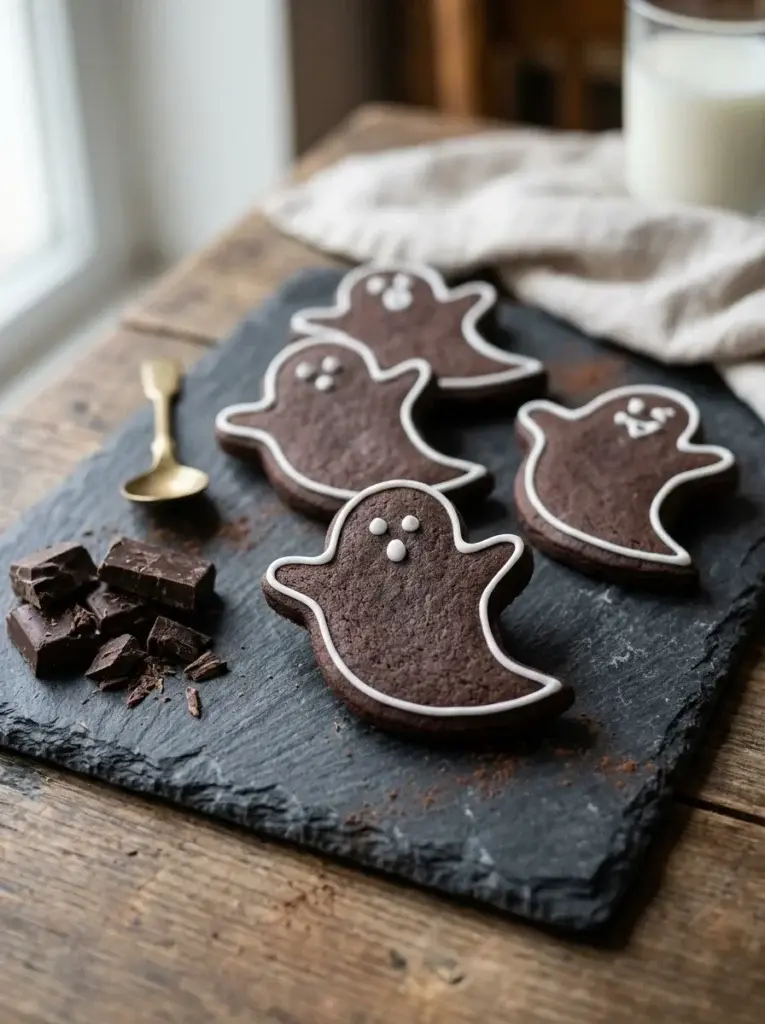 Dark chocolate ghost-shaped cookies with delicate white icing outlines and tiny contrasting facial details.