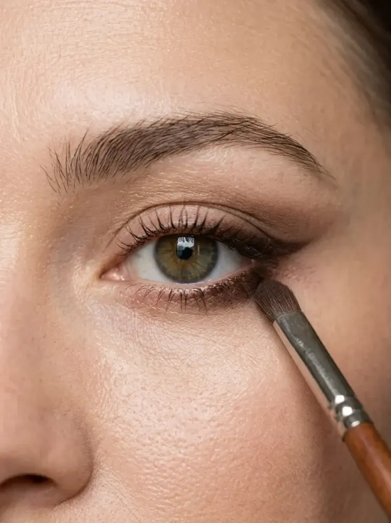 Deep brown eyeshadow softly blended beneath the outer lower lashes to connect with the upper siren eyeliner wing.