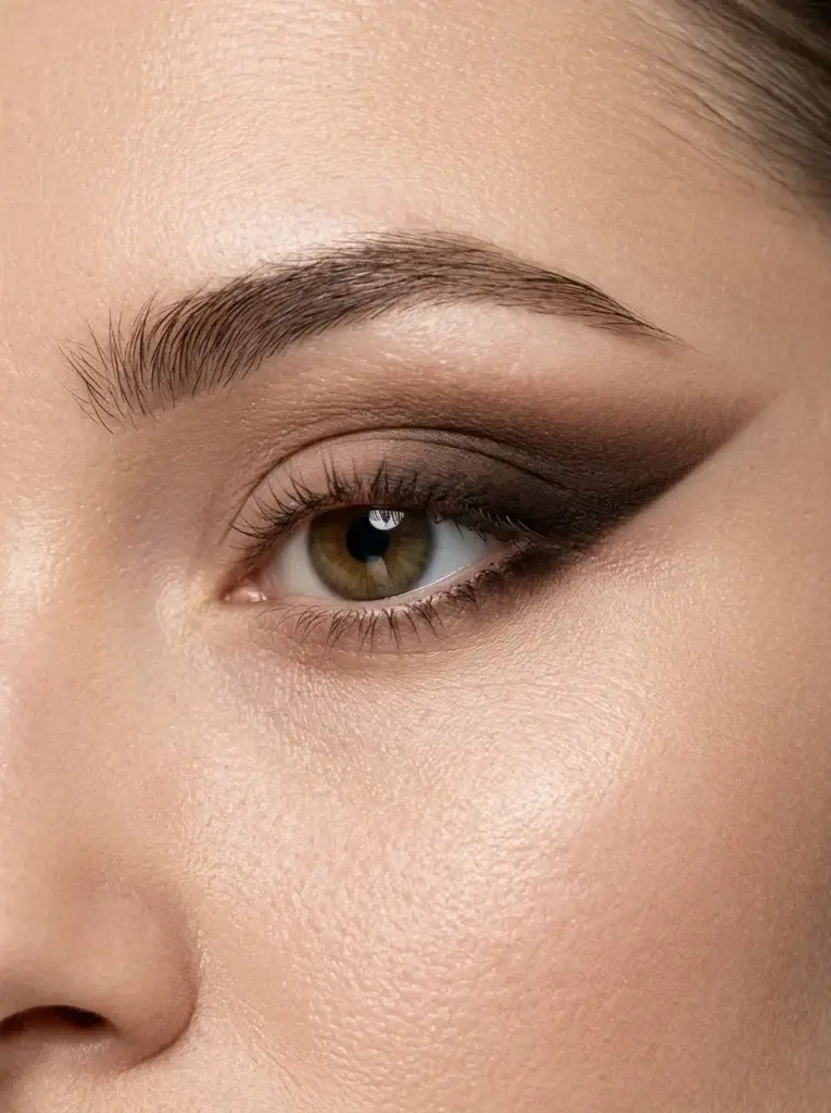 Deep espresso-brown eyeshadow shaped and blended outward to create a lifted, elongated siren eye wing.