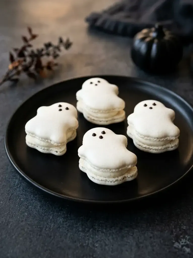 Delicate white ghost-shaped vanilla macarons with smooth shells, creamy filling, and tiny dark edible faces.